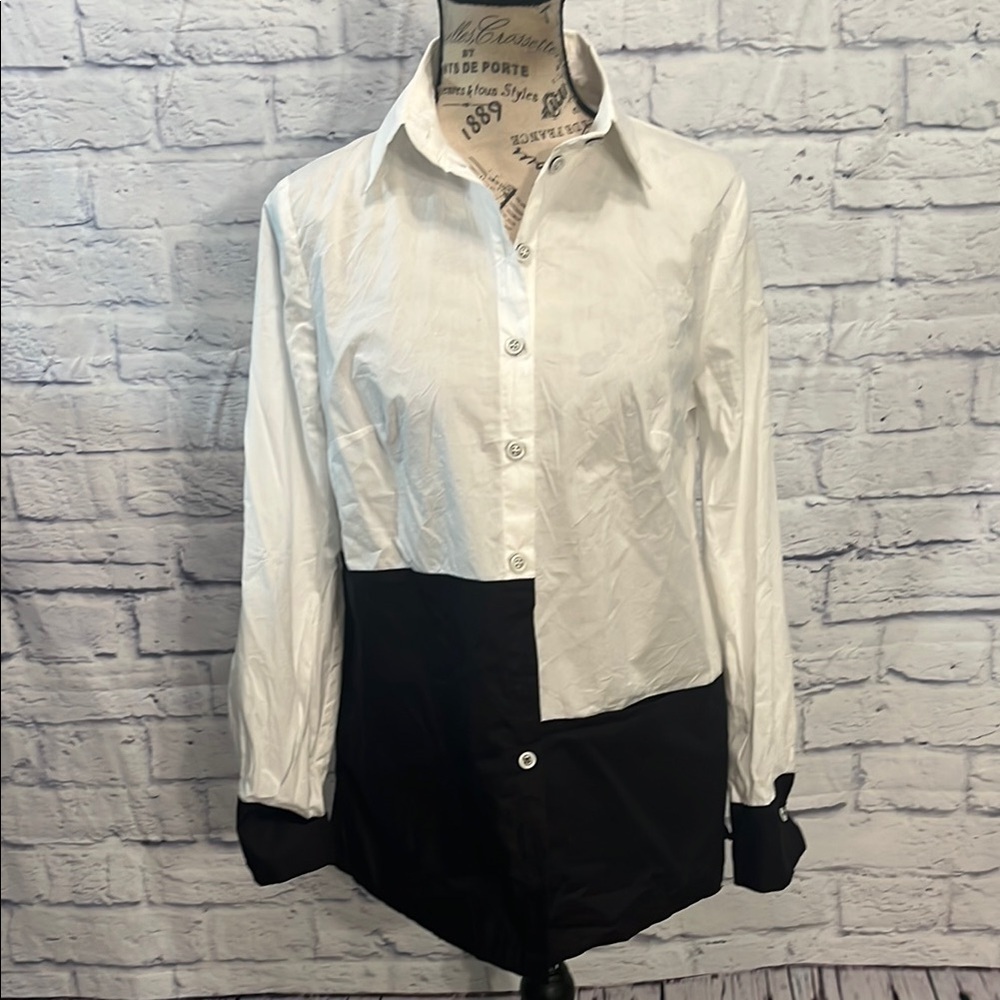 Ozai N Ku Crinkled Cotton Shirt Color Block One Pocket Button Down Colorblock